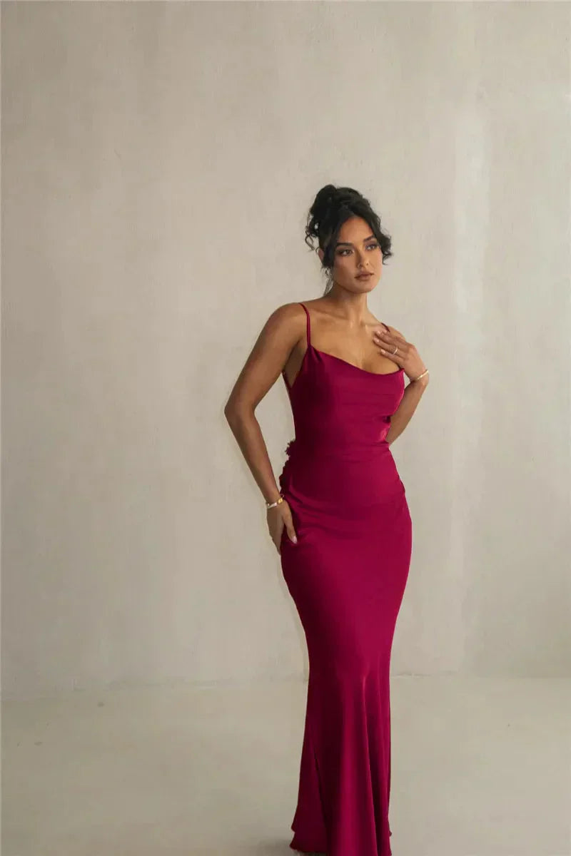 Veraïa – Satin maxi dress with floral appliqués