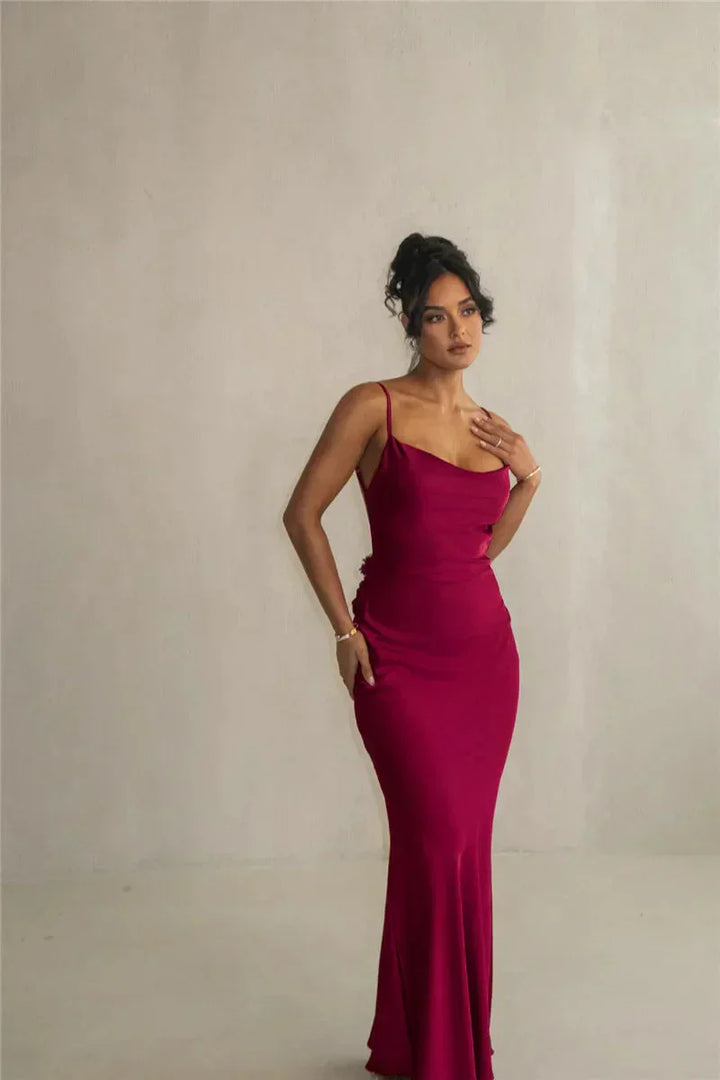 Veraïa – Satin maxi dress with floral appliqués