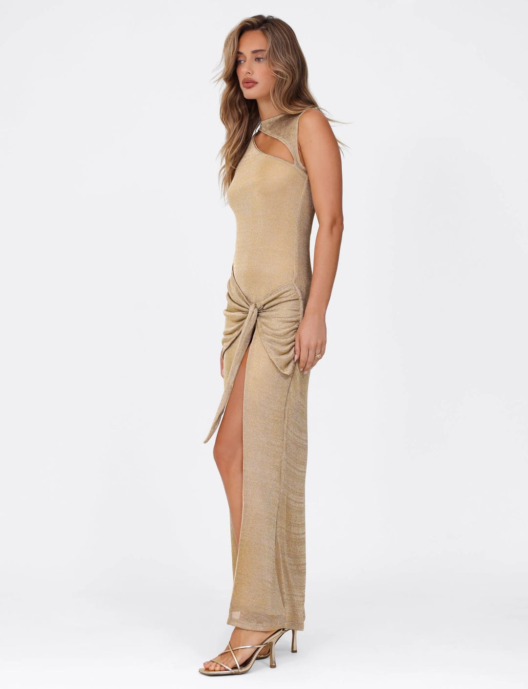 Amaris - Gold Metallic Maxi Dress with Cut-Out Detail