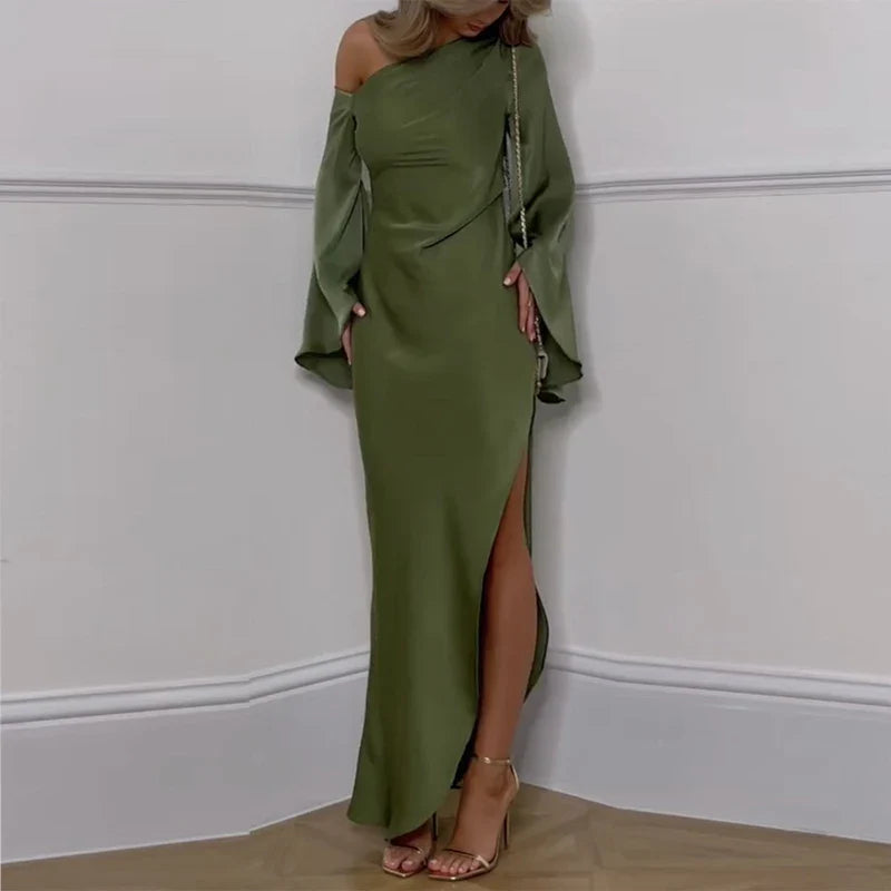 Liviana – Long dress with asymmetrical neck and elegant slit