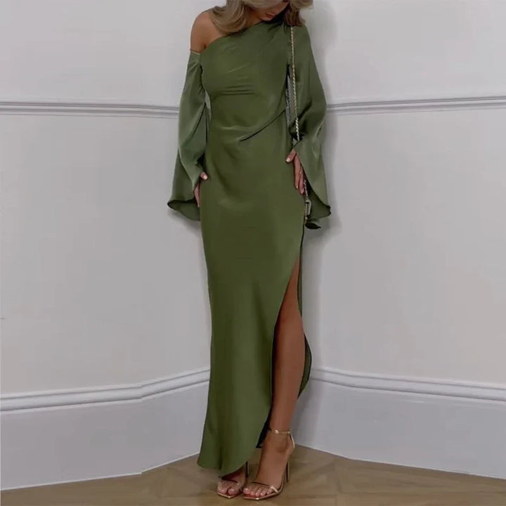 Liviana – Long dress with asymmetrical neck and elegant slit
