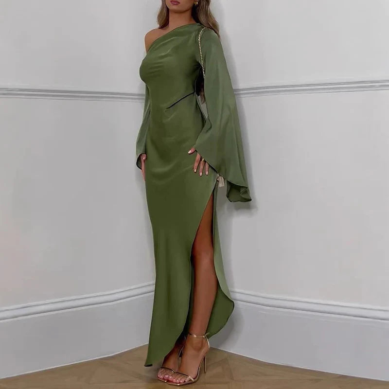 Liviana – Long dress with asymmetrical neck and elegant slit