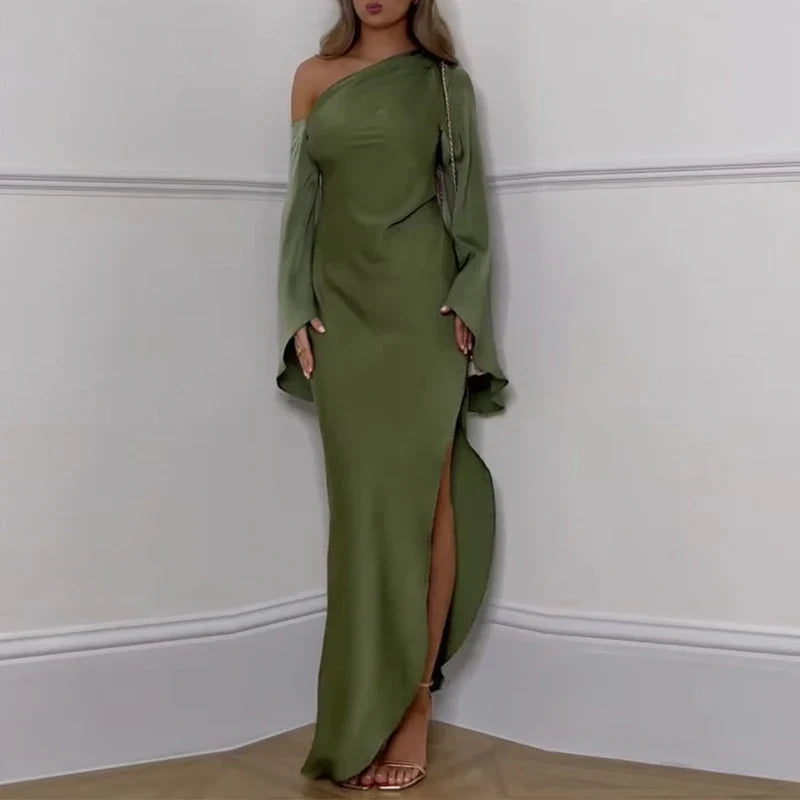 Liviana – Long dress with asymmetrical neck and elegant slit