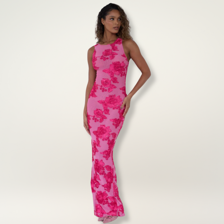 Lily - Elegant maxi dress with pink flowers