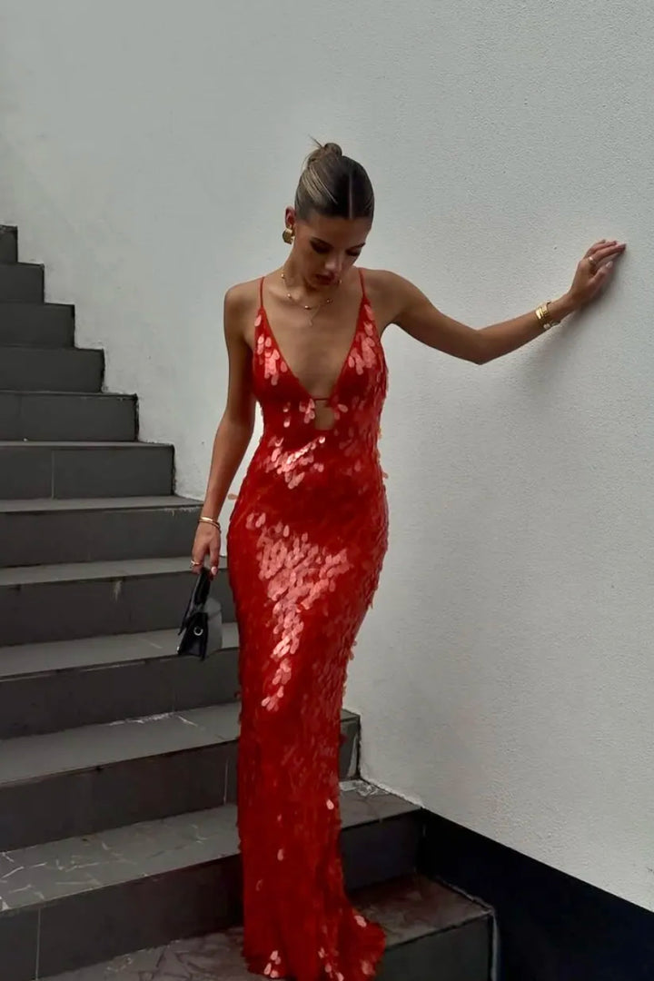 Selene – Deep V-Neck Sequin Maxi Dress