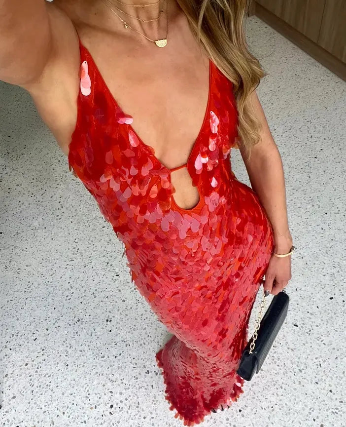 Selene – Deep V-Neck Sequin Maxi Dress