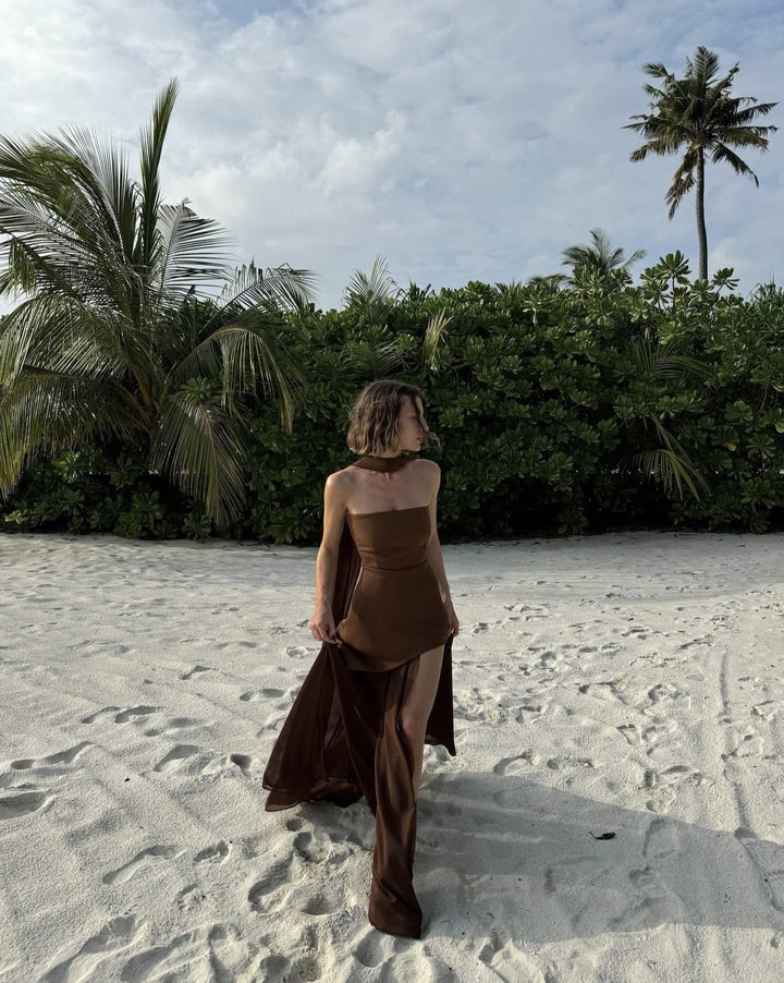 Élira – Asymmetrical maxi dress with strapless design
