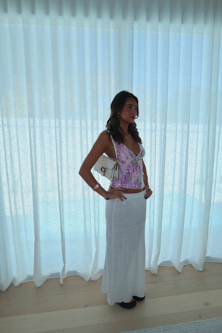 Serayne – Sequin halter top with colour block design
