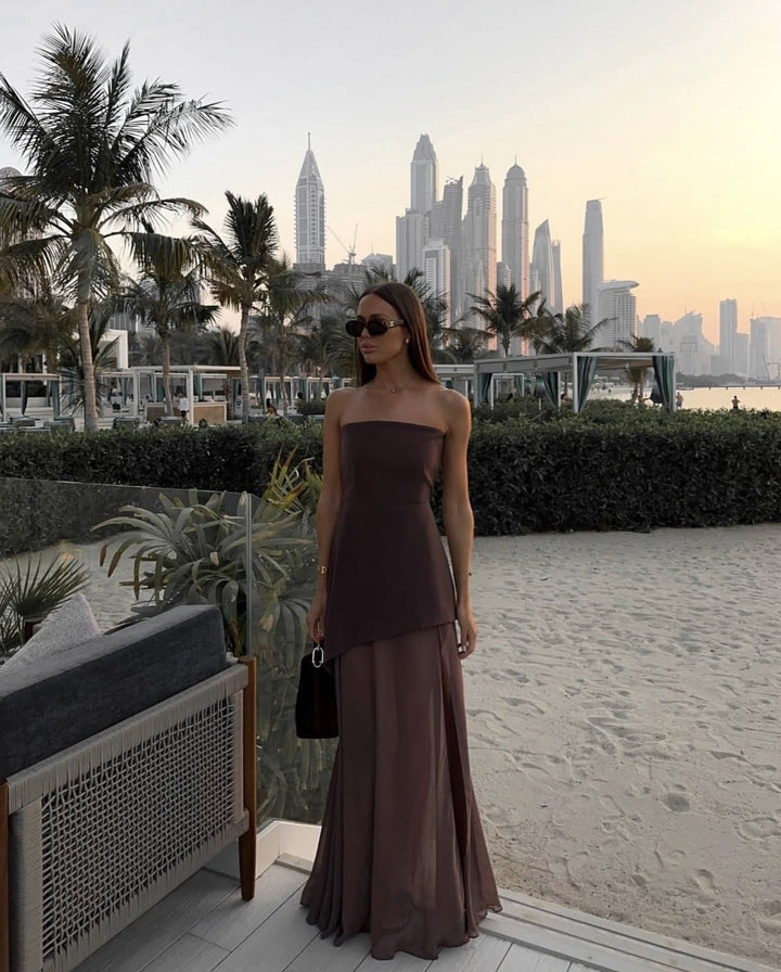 Élira – Asymmetrical maxi dress with strapless design