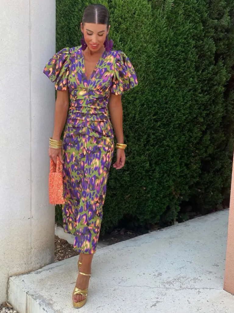 Milviana – Statement Print Midi Dress with Pleated Details
