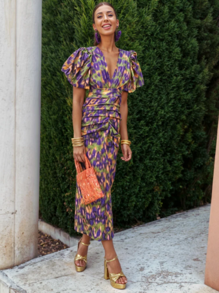 Milviana – Statement Print Midi Dress with Pleated Details