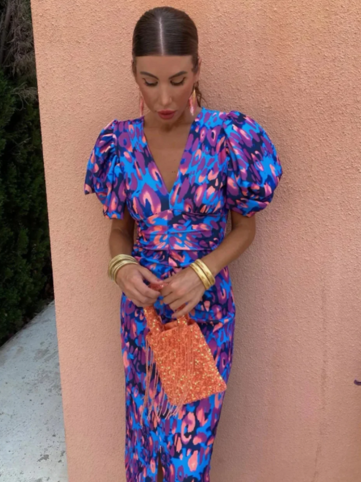 Milviana – Statement Print Midi Dress with Pleated Details