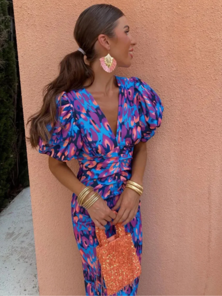 Milviana – Statement Print Midi Dress with Pleated Details