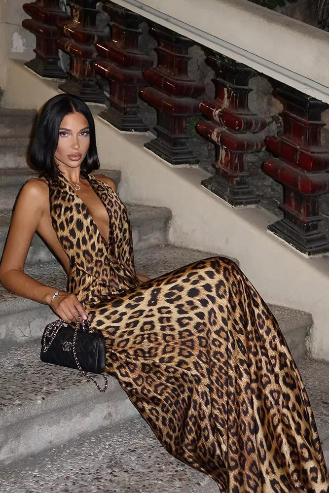 Nayela – Leopard Maxi Dress with Open Back and Halter Neckline