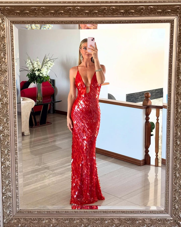 Selene – Deep V-Neck Sequin Maxi Dress