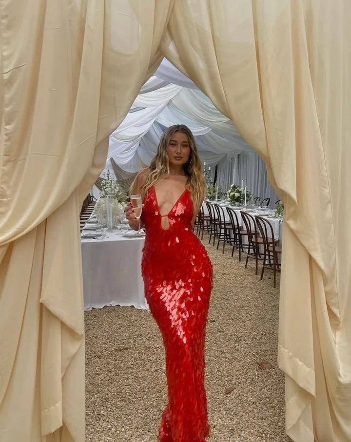 Selene – Deep V-Neck Sequin Maxi Dress