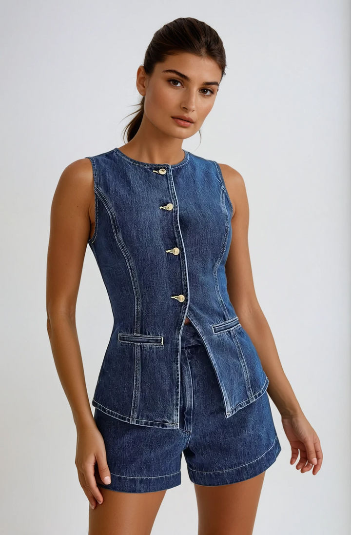 Dahlia – Denim co-ord set with waistcoat and shorts