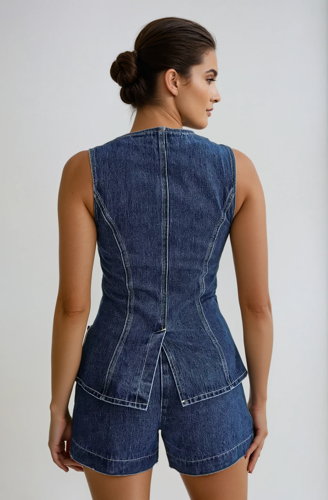 Dahlia – Denim co-ord set with waistcoat and shorts
