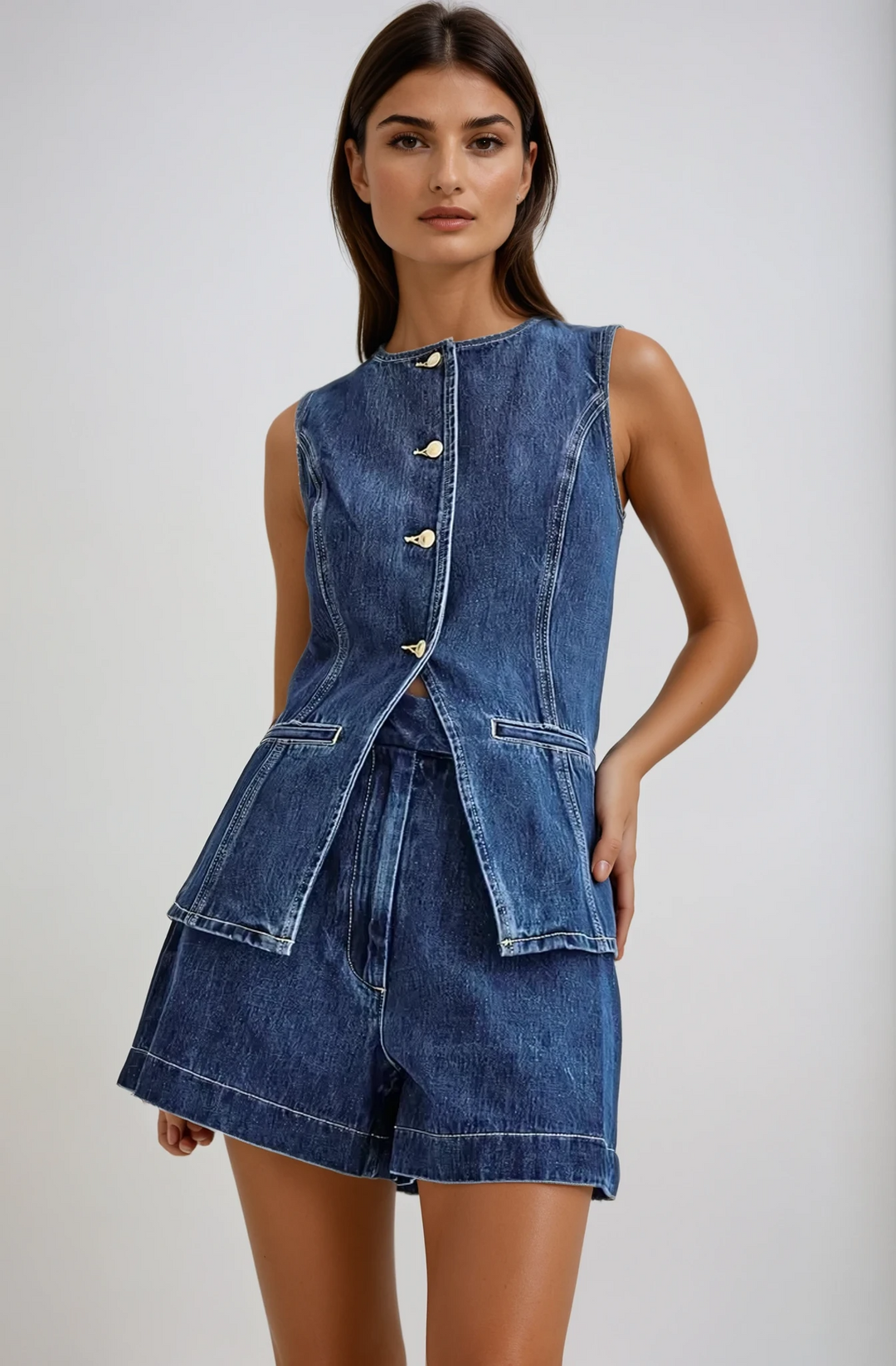 Dahlia – Denim co-ord set with waistcoat and shorts
