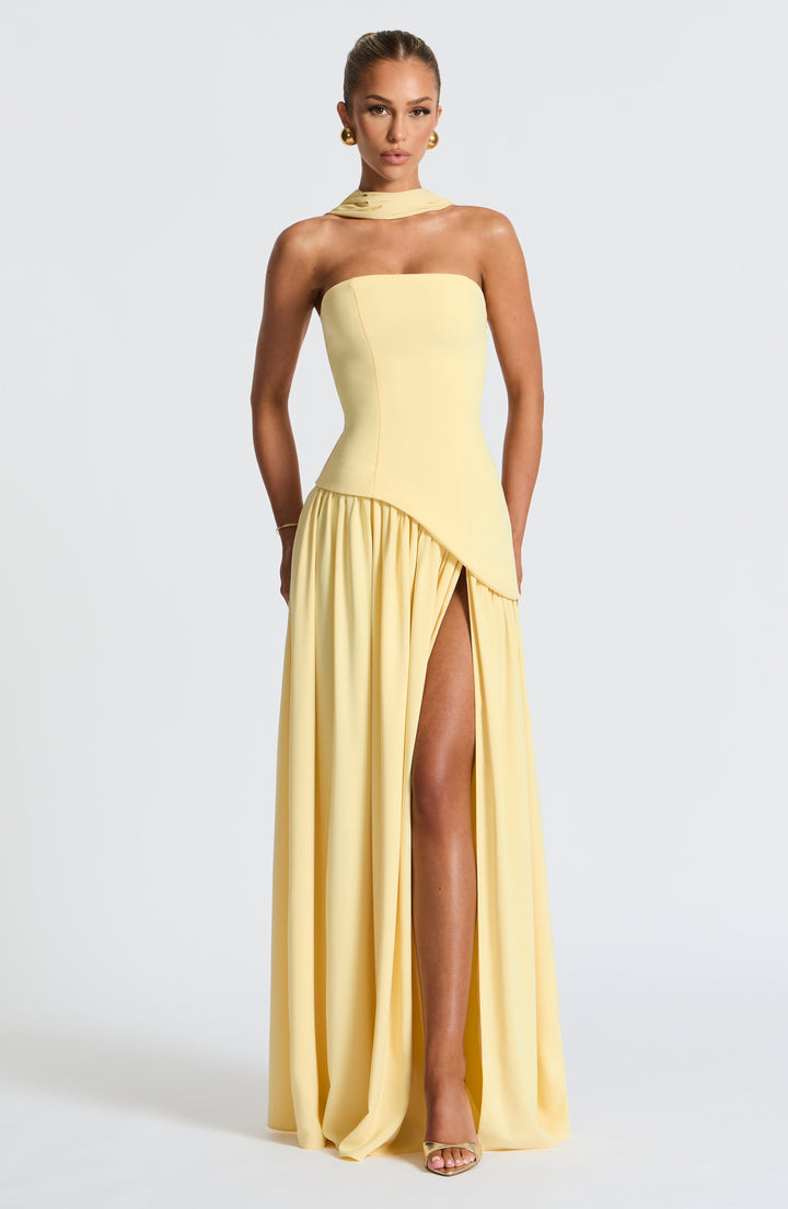 Imani – Robe longue bustier à taille asymétrique