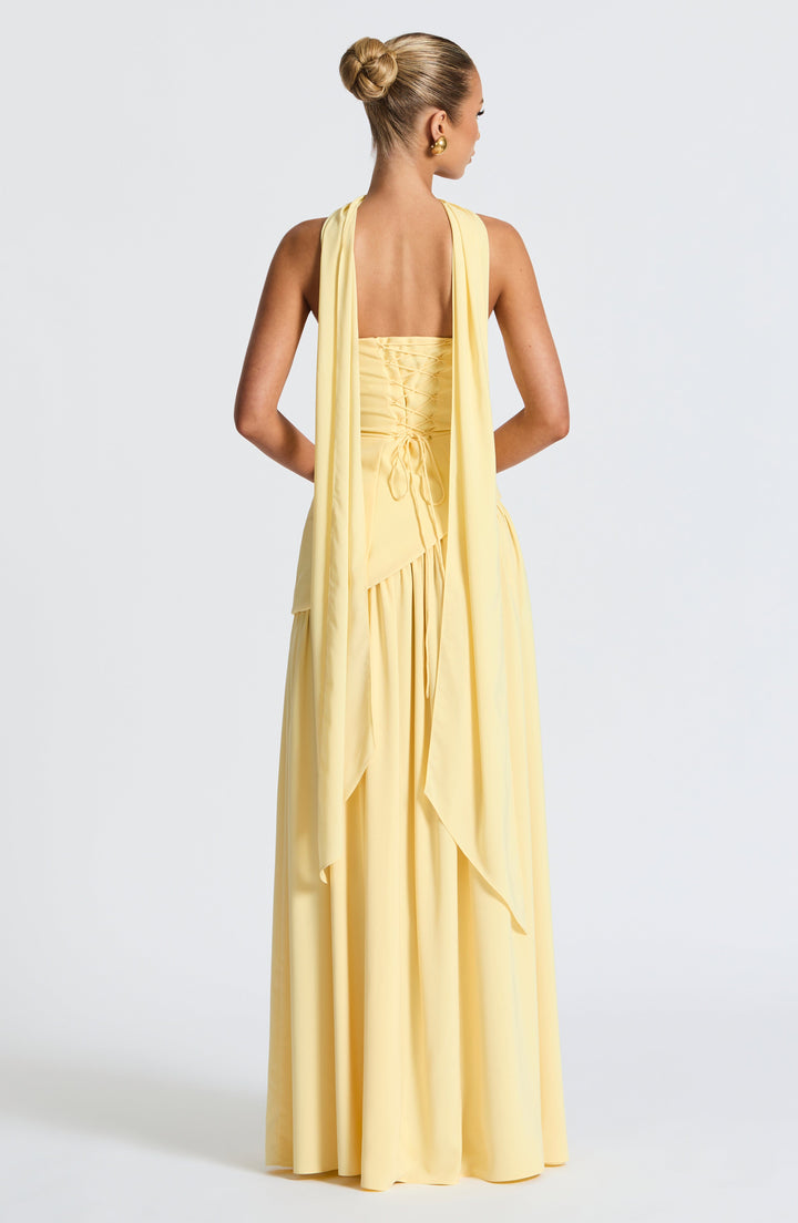 Imani – Robe longue bustier à taille asymétrique