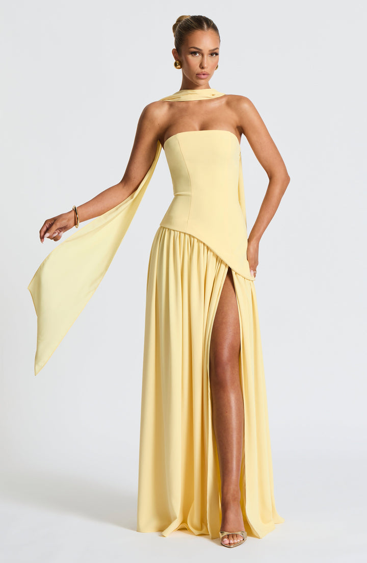 Imani – Robe longue bustier à taille asymétrique