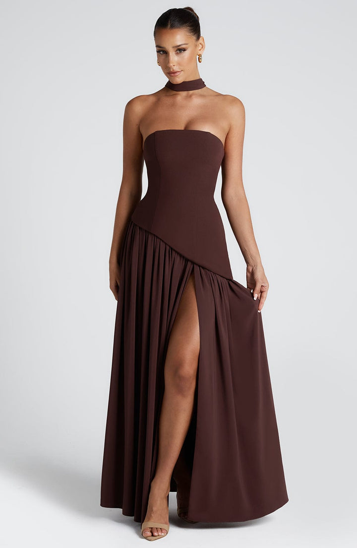 Imani – Robe longue bustier à taille asymétrique