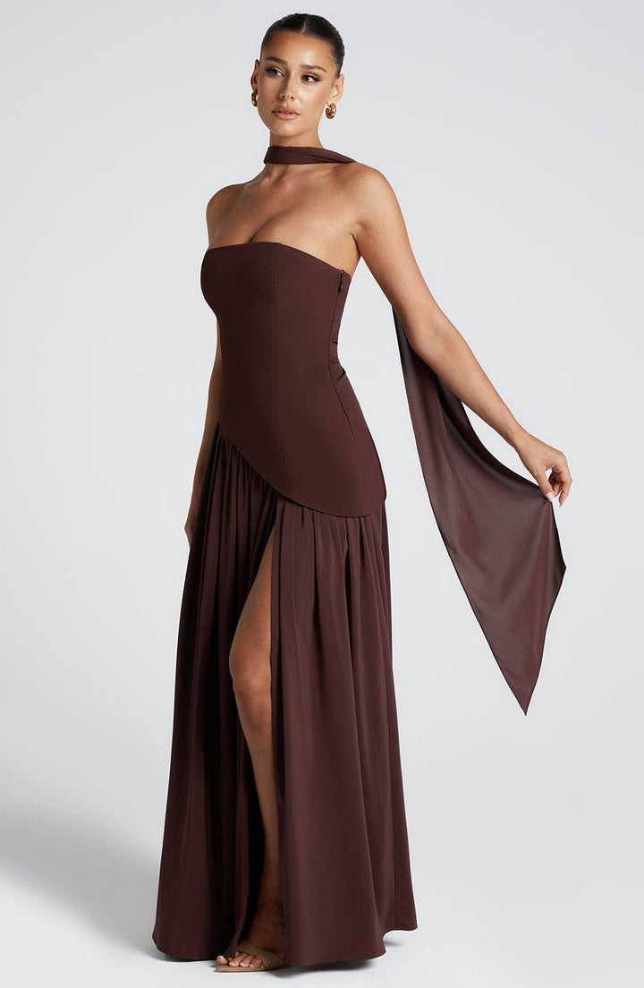 Imani – Robe longue bustier à taille asymétrique