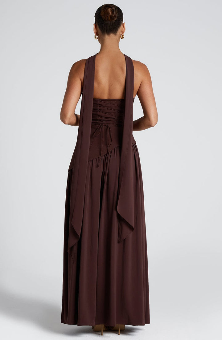 Imani – Robe longue bustier à taille asymétrique