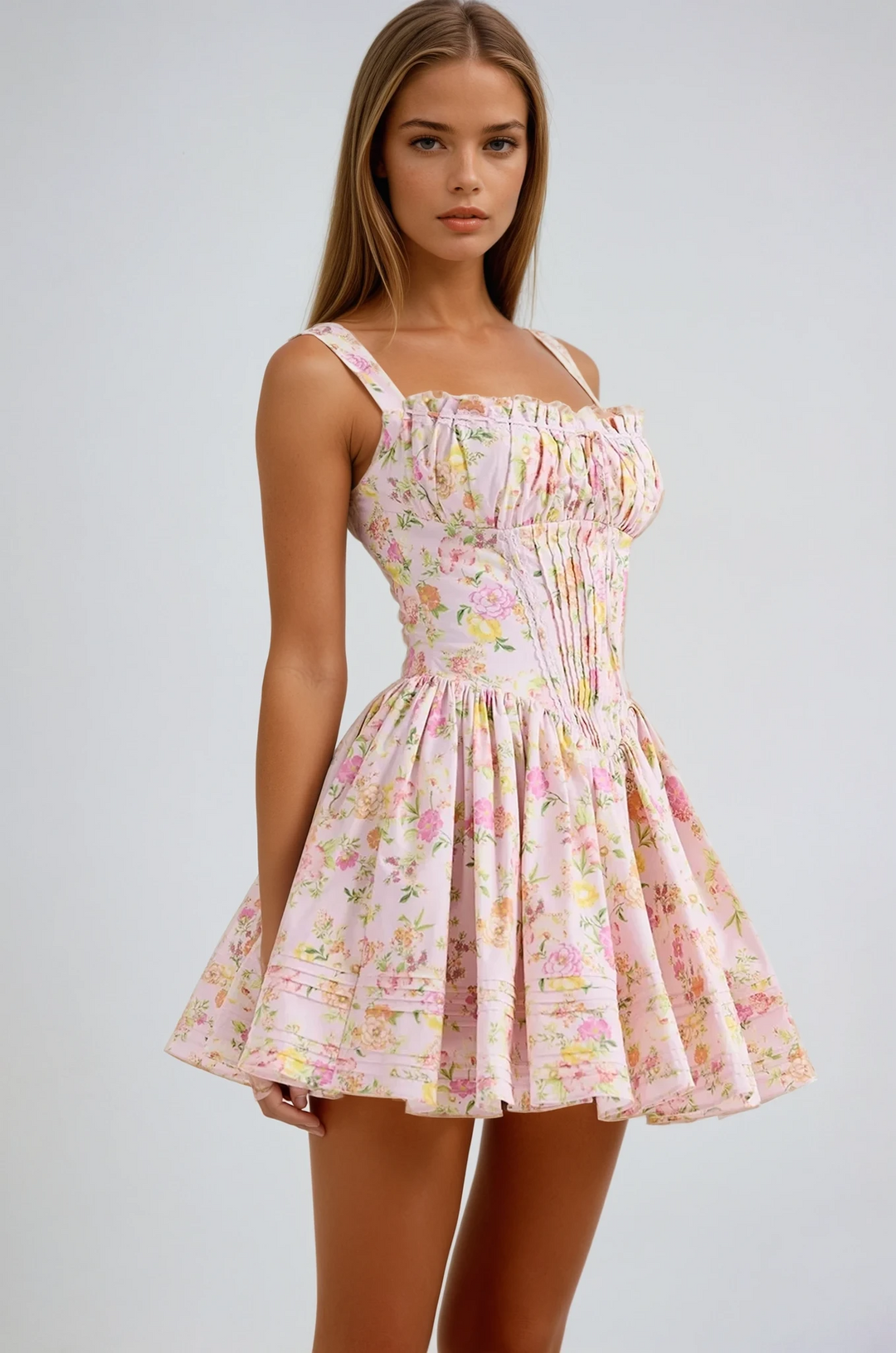 Norelia – Lace Corset Mini Dress with Floral Print