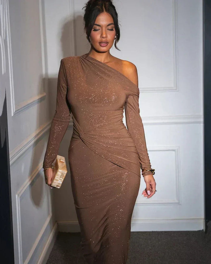 Celyra – Robe longue à paillettes avec col en V et allure luxueuse